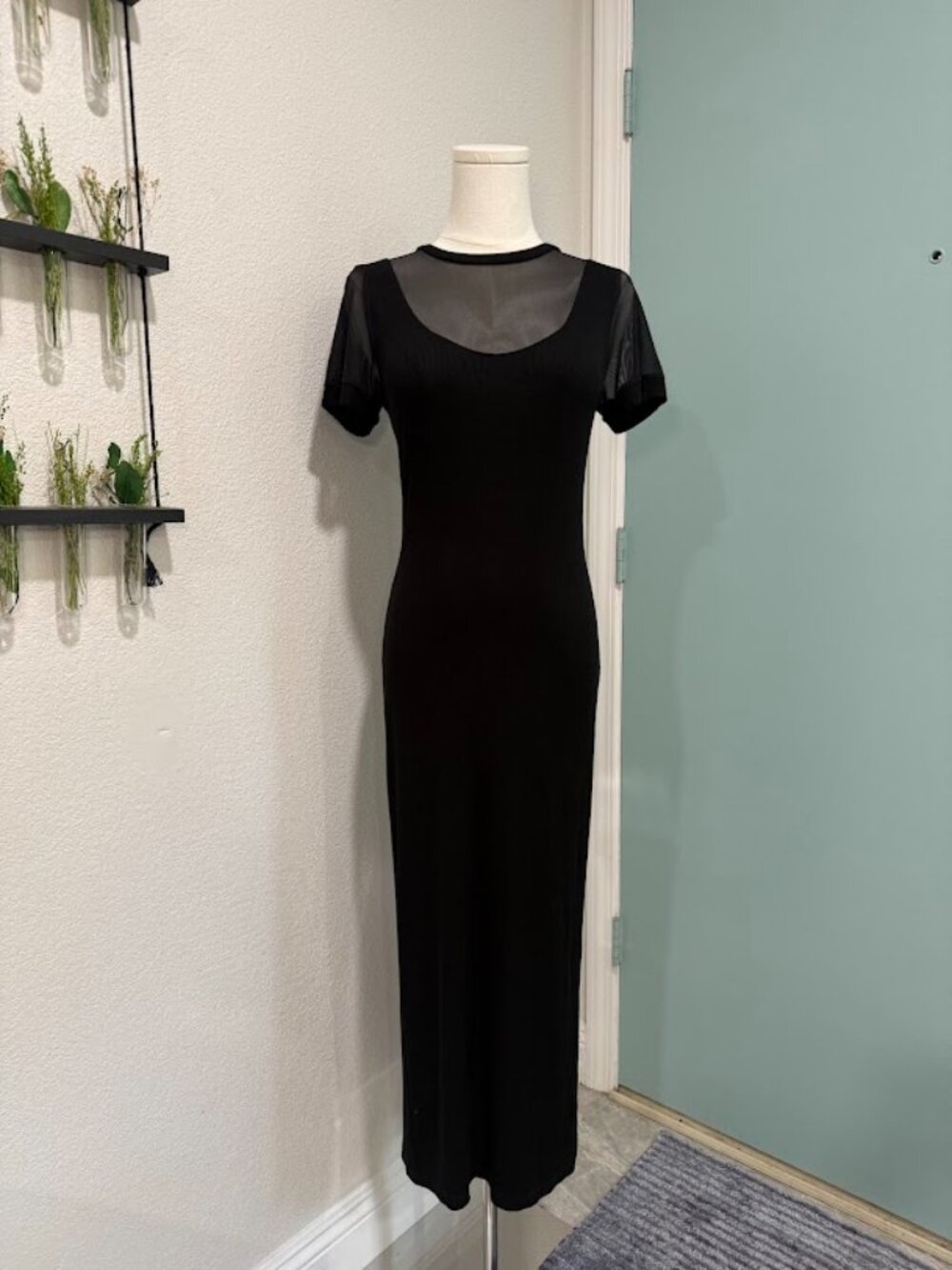 LNA Black Ribbed Knit Bodycon Dress with Sheer Short Sleeves and High Neck
